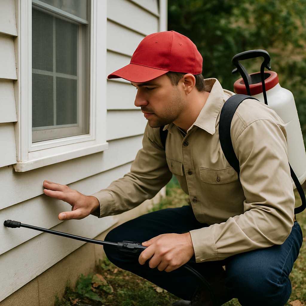 Pest control technician examining a house
